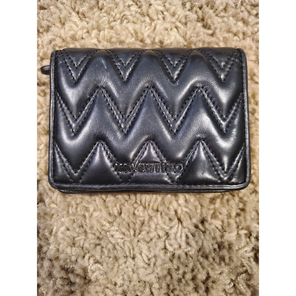 Valentino Black Chevron Quilted Leather Flap Wallet Small Vintage Small Coin